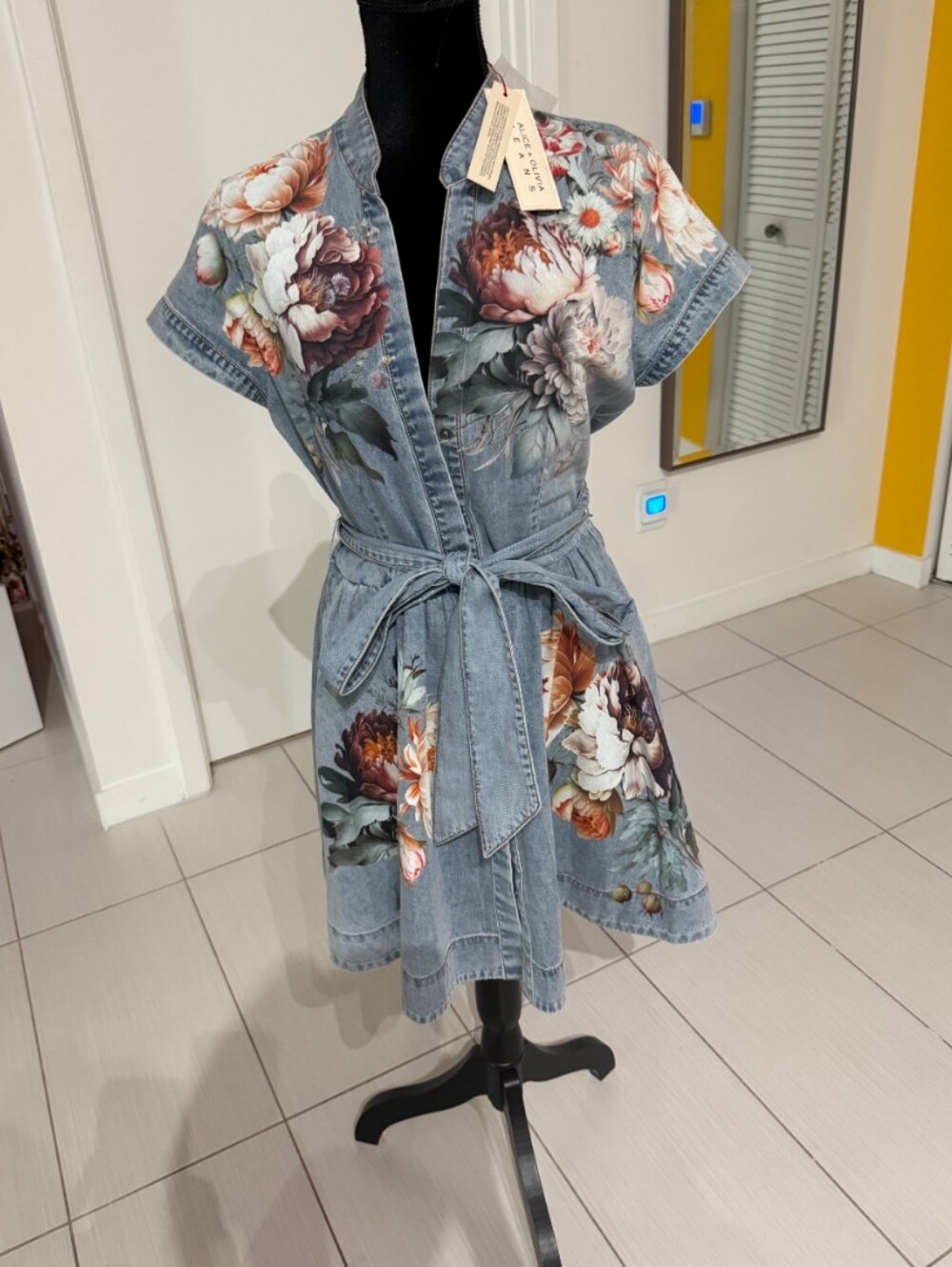 Alice + Olivia Light Blue Denim Floral Wrap Mini Dress